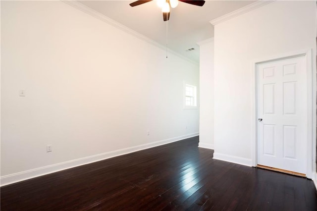 unfurnished room with ornamental molding, dark hardwood / wood-style floors, and ceiling fan