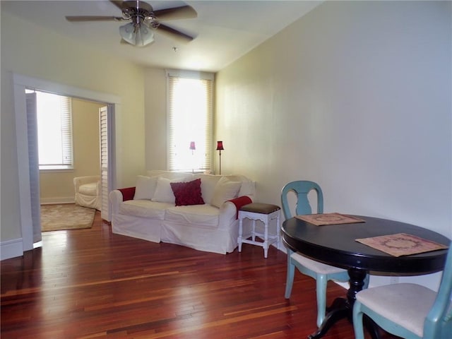 interior space featuring ceiling fan, hardwood / wood-style flooring, and a healthy amount of sunlight