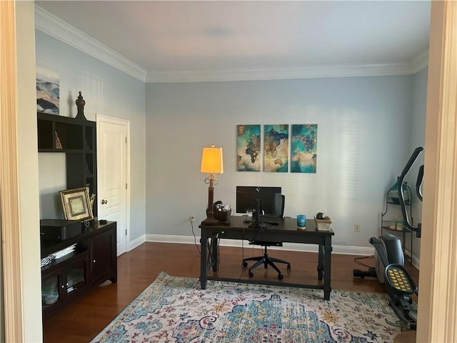 office space featuring crown molding and dark hardwood / wood-style flooring