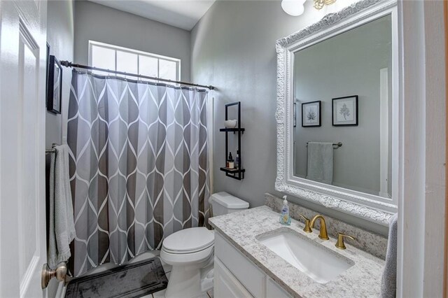 bathroom featuring toilet, vanity, and a shower with shower curtain