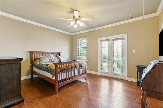 bedroom with ceiling fan, hardwood / wood-style flooring, access to exterior, and ornamental molding