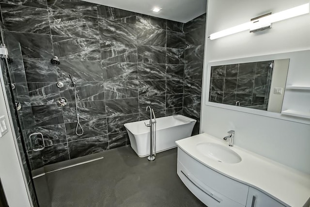 4317 Anthony St, Metairie, LA 70001 - full bathroom featuring a soaking tub, tiled shower, vanity, and concrete flooring
