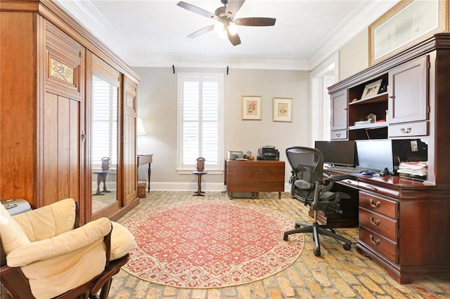 home office featuring crown molding and ceiling fan