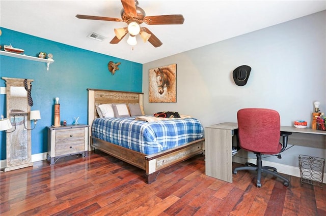 bedroom with hardwood / wood-style floors and ceiling fan