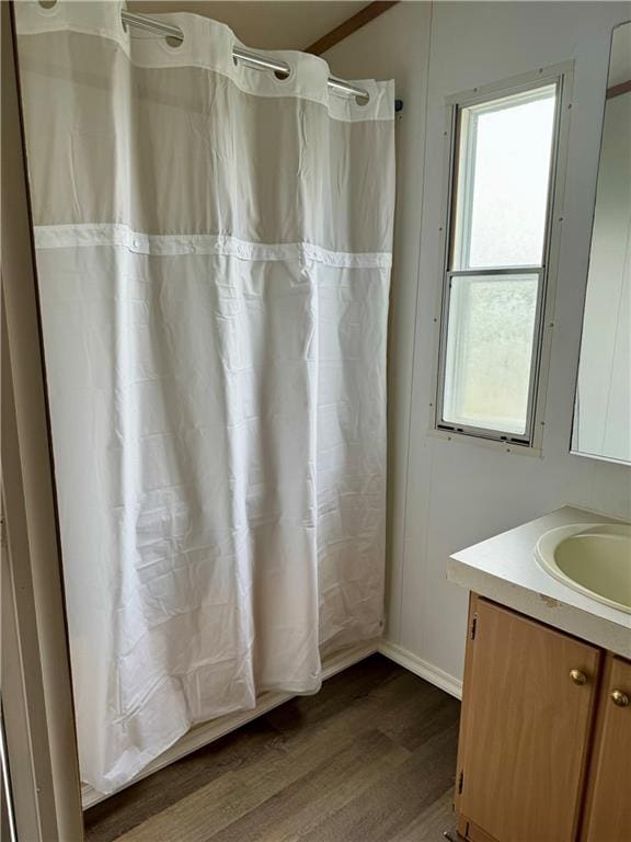 bathroom featuring a wealth of natural light, vanity, and hardwood / wood-style floors