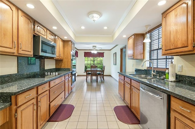 kitchen with appliances with stainless steel finishes, a raised ceiling, ceiling fan, crown molding, and sink