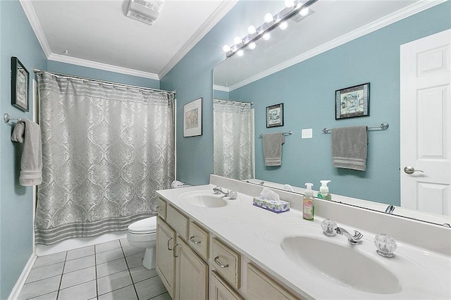 bathroom with vanity, crown molding, tile patterned flooring, toilet, and curtained shower