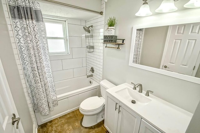 full bathroom featuring vanity, shower / tub combo with curtain, tile patterned flooring, and toilet