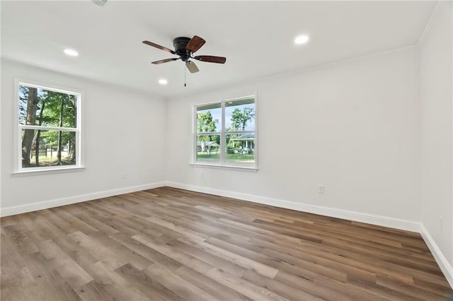 unfurnished room featuring crown molding, ceiling fan, wood-type flooring, and a healthy amount of sunlight