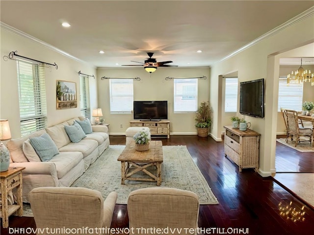 living room with crown molding, ceiling fan with notable chandelier, and dark hardwood / wood-style flooring