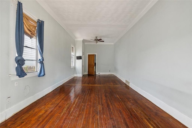 unfurnished room featuring baseboards, ceiling fan, ornamental molding, and hardwood / wood-style floors