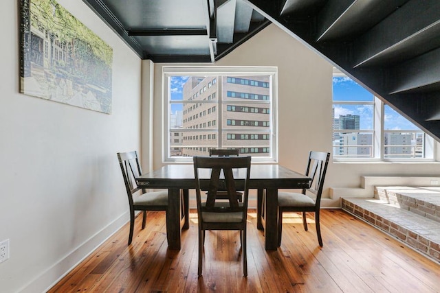 dining room with hardwood / wood-style flooring, a fireplace, and a healthy amount of sunlight