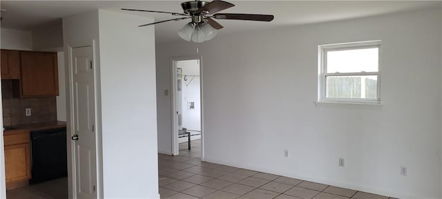 kitchen featuring dishwasher, decorative backsplash, ceiling fan, and light tile patterned flooring