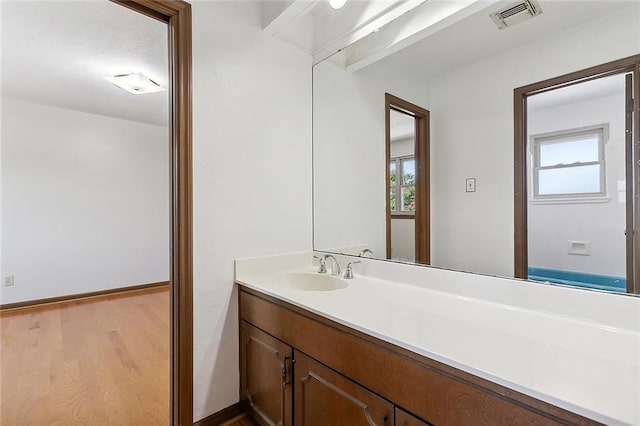 bathroom featuring hardwood / wood-style flooring, plenty of natural light, and vanity