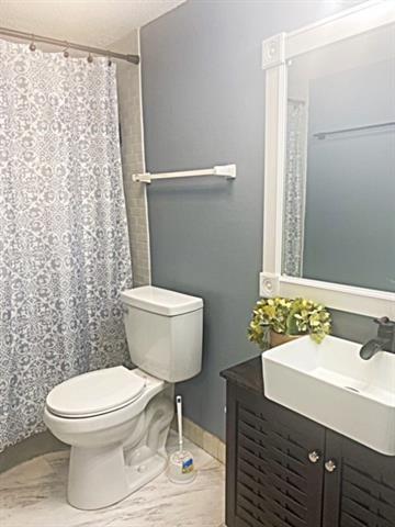 bathroom featuring vanity, tile patterned floors, and toilet