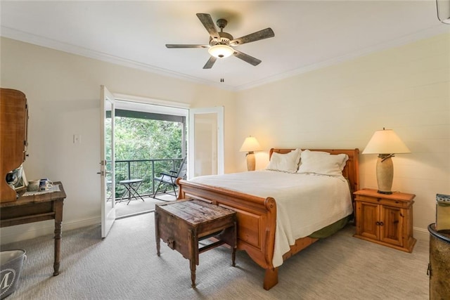 bedroom with crown molding, light carpet, access to outside, and ceiling fan