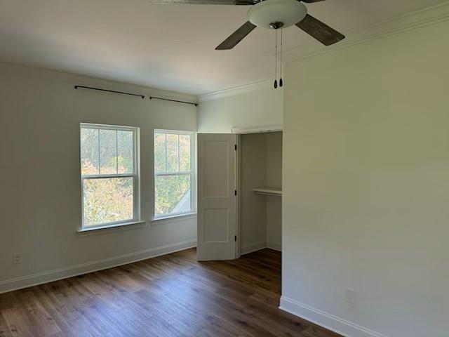 unfurnished bedroom featuring ornamental molding, dark hardwood / wood-style floors, ceiling fan, and a spacious closet