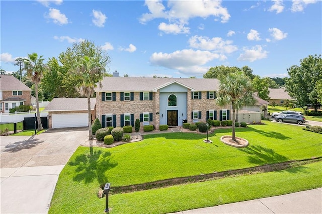 colonial inspired home with a garage and a front yard