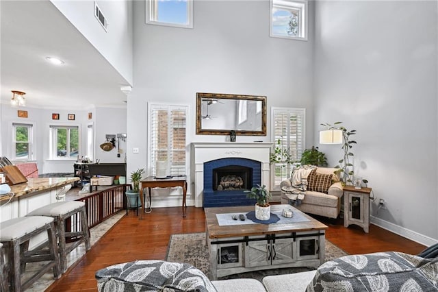 living room featuring a towering ceiling, dark hardwood / wood-style flooring, and a fireplace