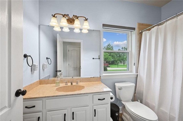 full bathroom with vanity, toilet, and shower / bathtub combination with curtain