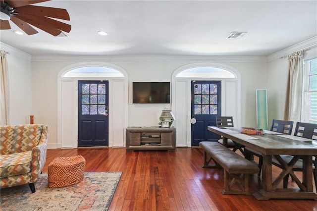 1720 Lapeyrouse St, New Orleans, LA 70116 - dining area with hardwood / wood-style floors, a ceiling fan, crown molding, and recessed lighting