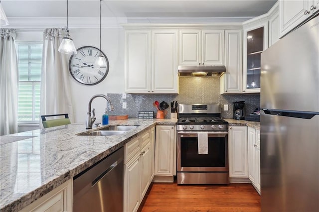 kitchen with appliances with stainless steel finishes, decorative backsplash, wood-type flooring, sink, and ornamental molding