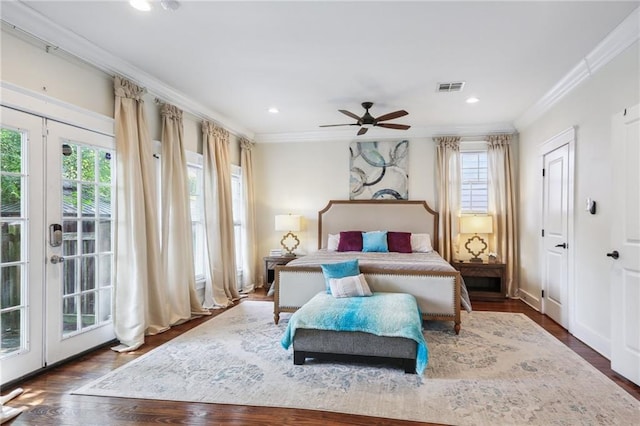 bedroom featuring ceiling fan, ornamental molding, french doors, access to exterior, and dark wood-type flooring