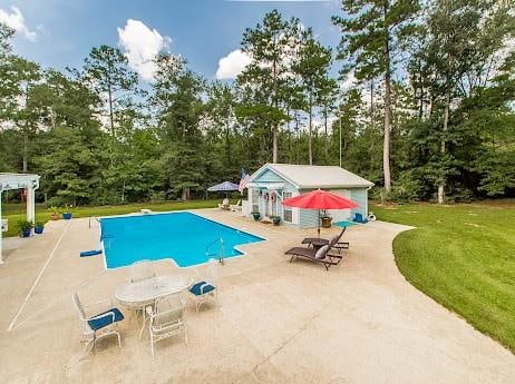 view of pool with a yard, a patio area, and a diving board