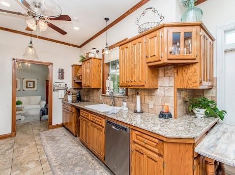 kitchen with backsplash, light tile patterned floors, crown molding, dishwasher, and ceiling fan