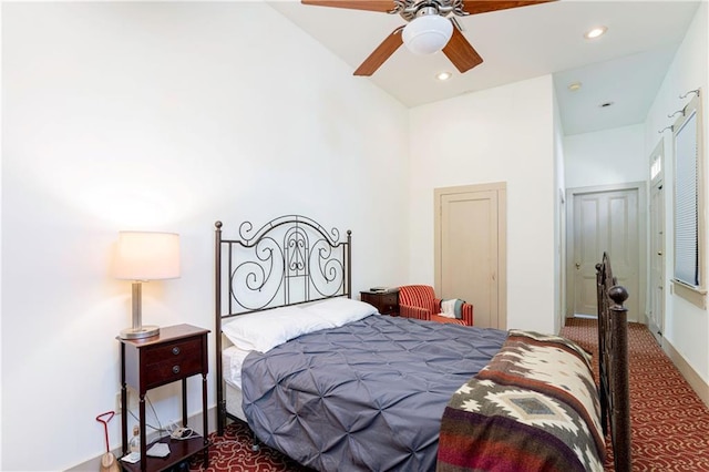 bedroom with carpet flooring, recessed lighting, and a ceiling fan