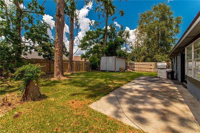 view of yard with a storage unit and a patio area