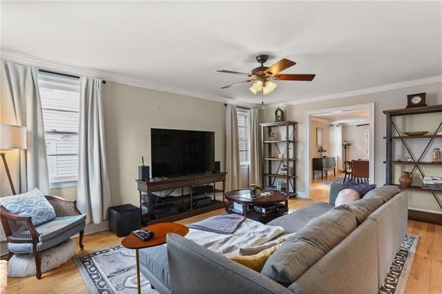 living room with light hardwood / wood-style floors, ceiling fan, and crown molding