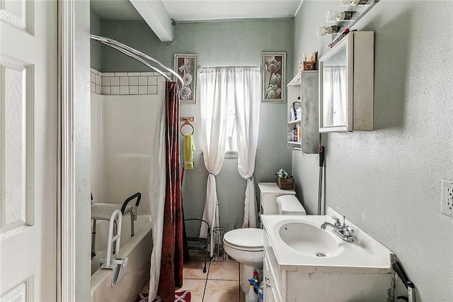 full bathroom with shower / bath combination with curtain, tile patterned floors, toilet, and vanity