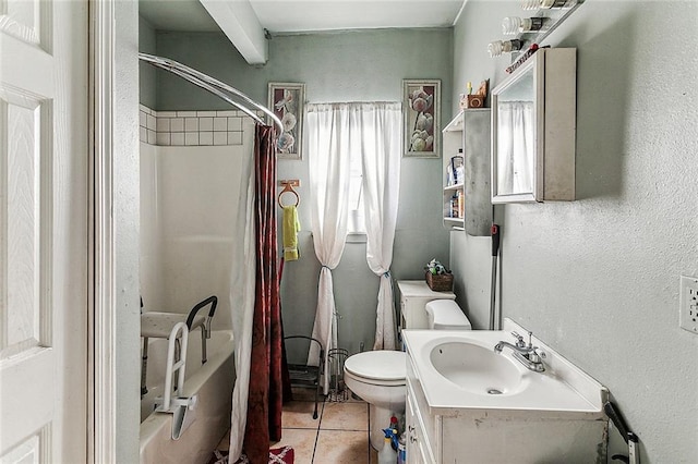 full bath featuring toilet, tile patterned flooring, shower / tub combo with curtain, and vanity