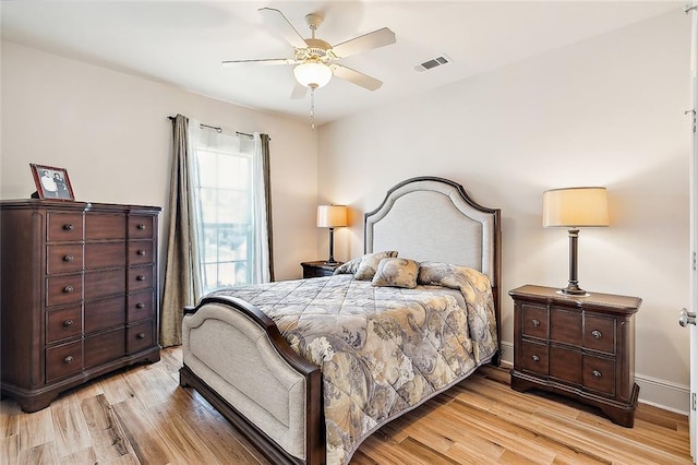 bedroom featuring light wood-type flooring and ceiling fan