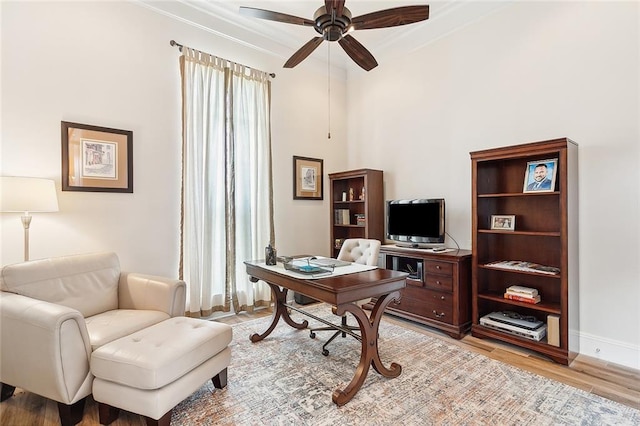 office featuring plenty of natural light, light wood-type flooring, and ceiling fan