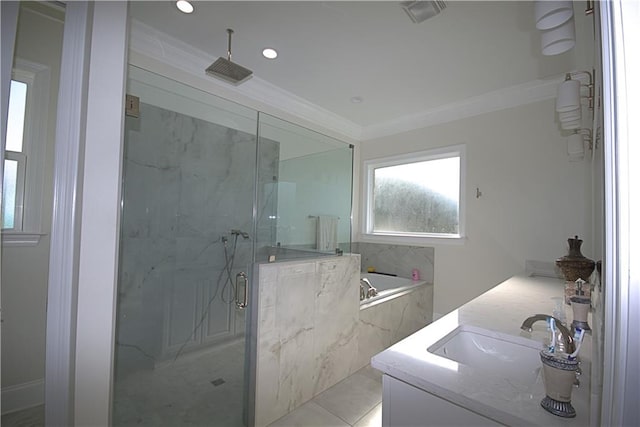 bathroom featuring vanity, crown molding, tile patterned floors, and separate shower and tub