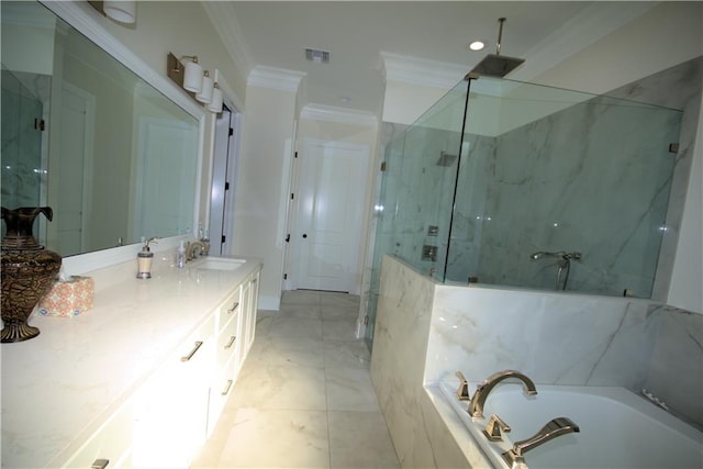 bathroom with vanity, ornamental molding, tile patterned floors, and separate shower and tub