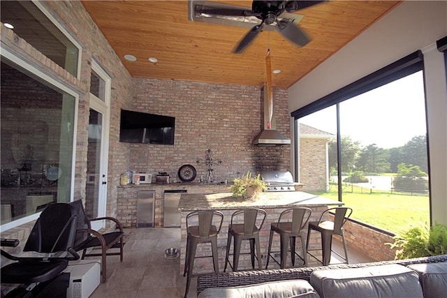 interior space with wood ceiling and ceiling fan