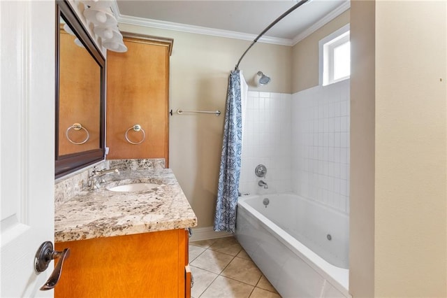 bathroom with tile patterned floors, vanity, crown molding, and shower / tub combo with curtain