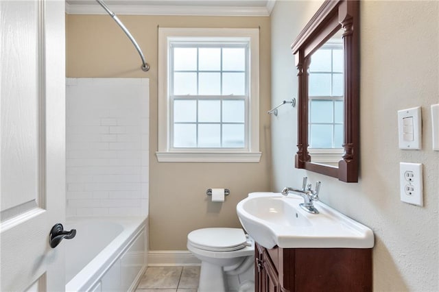 full bathroom with tile patterned floors, vanity, tub / shower combination, and toilet