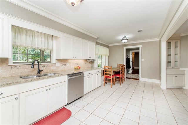 kitchen featuring white cabinetry, sink, dishwasher, light tile patterned floors, and backsplash