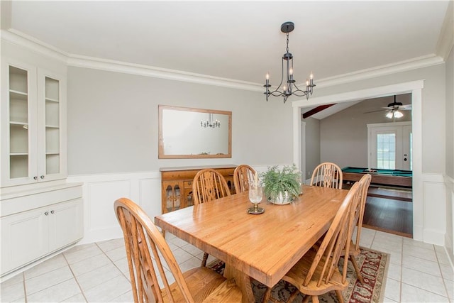 dining space featuring crown molding, ceiling fan with notable chandelier, pool table, and light hardwood / wood-style flooring