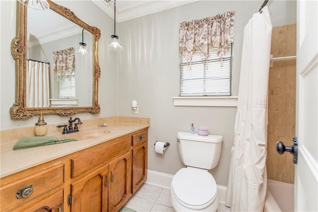 full bathroom with shower / bath combo with shower curtain, tile patterned flooring, toilet, vanity, and ornamental molding