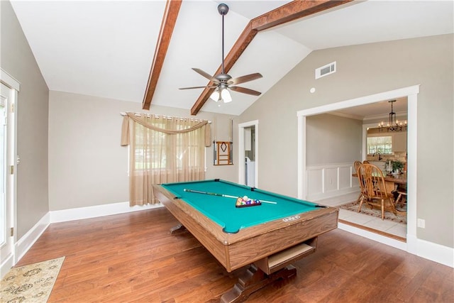 playroom with beamed ceiling, a healthy amount of sunlight, light wood-type flooring, and billiards