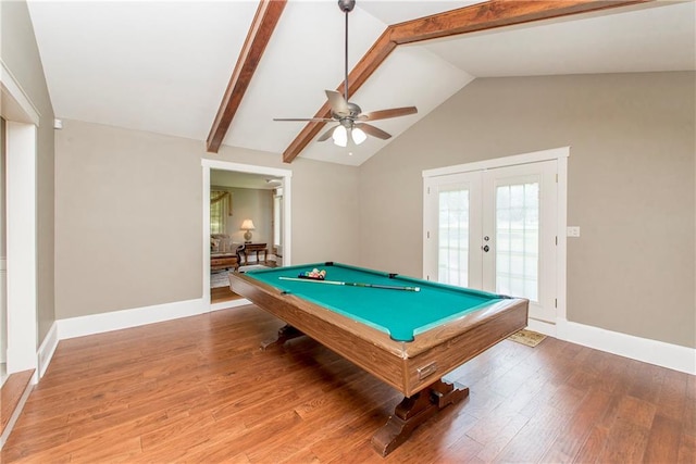 playroom with french doors, pool table, ceiling fan, light hardwood / wood-style floors, and lofted ceiling with beams