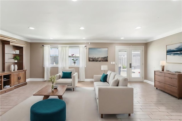 living room featuring french doors, light tile patterned floors, and ornamental molding