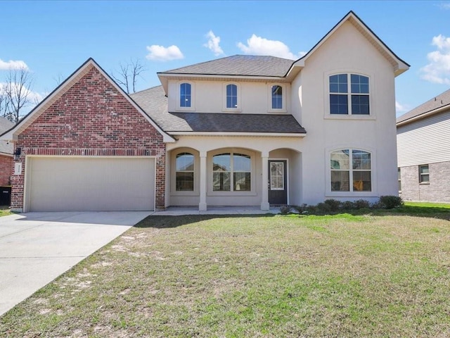 view of front facade with a garage and a front lawn