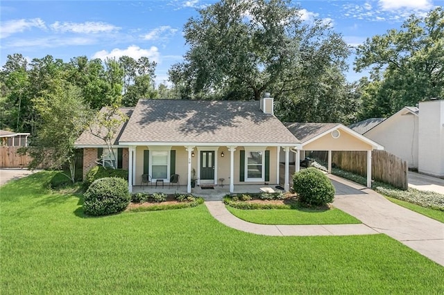 view of front of home with covered porch and a front lawn