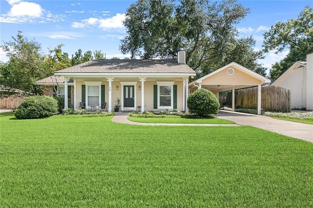 view of front facade featuring a porch, a front lawn, and a carport